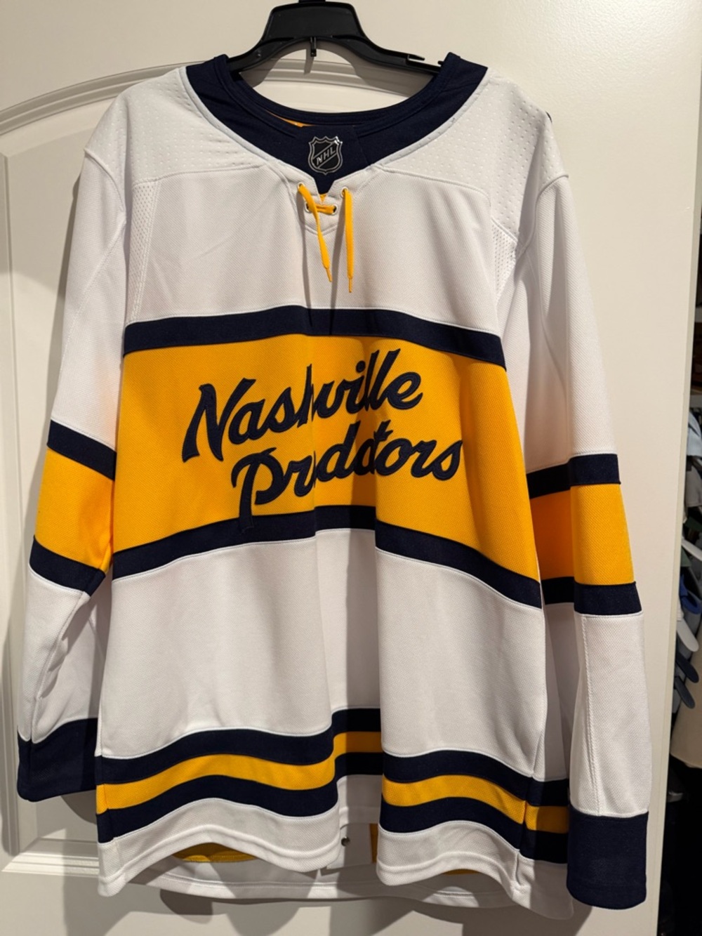 adidas White, Navy & Gold Lace-Up Hockey Jersey